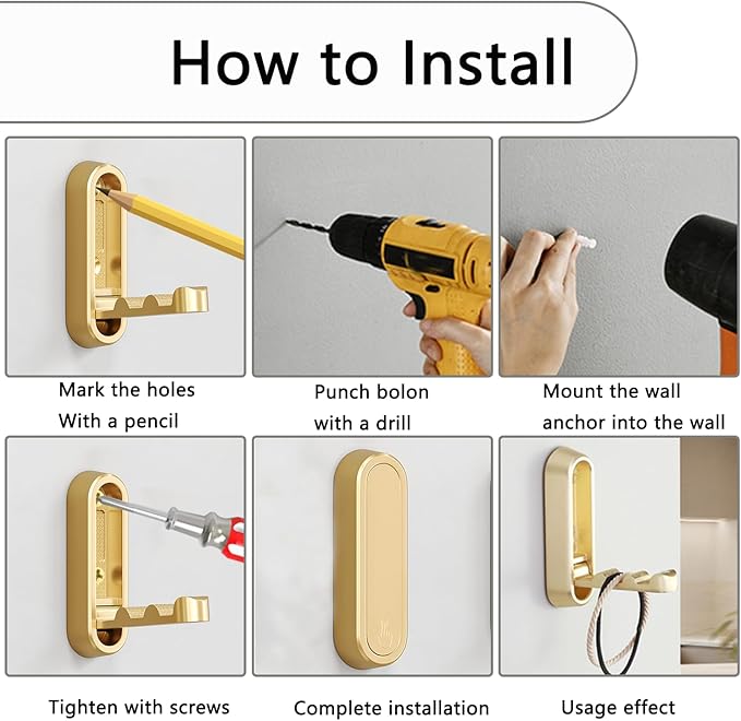 6PCS Folding Coat Hook, Heavy Duty Wall Hooks Made of Zinc Alloy, Foldable Gold Wall Hooks for Hanging Coats, Scarves, Hats, Bathrobes, Keys, Bags (Gold)