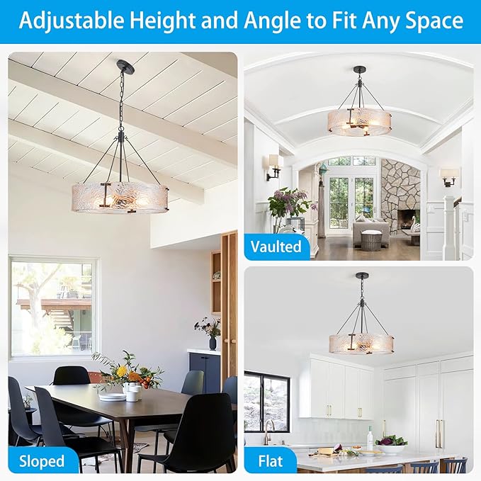 XINGQI Black Glass Chandeliers Modern 4-Light Farmhouse Pendant Lighting Fixtures Elegant Round Chandeliers for Dining Room Kitchen Island Living Room Entryway