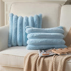 Faux Fur Plush Throw Pillow Covers 12x20 Inch Set of 2 - Luxury Decorative Fuzzy Striped Soft Cozy Pillowcase for Couch, Sofa, Living Room - Blue