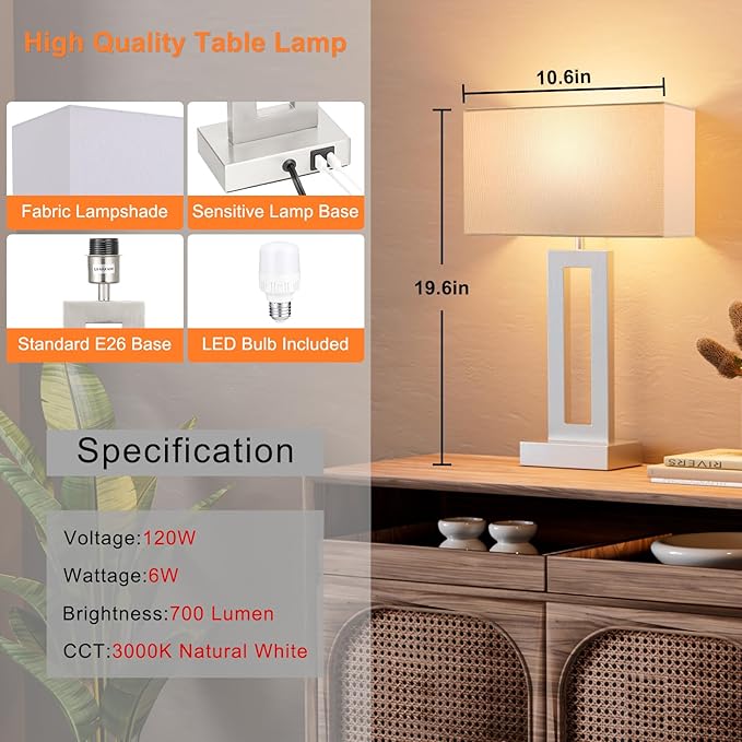 Nightstand Table Lamps for Bedrooms Set of 2 - Touch Bedside Lamp with USB C+A, 3 Way Dimmable Living Room Lamps for End Tables Set of 2, Modern Night Stand Lamps for Bed Side(White&Silver)