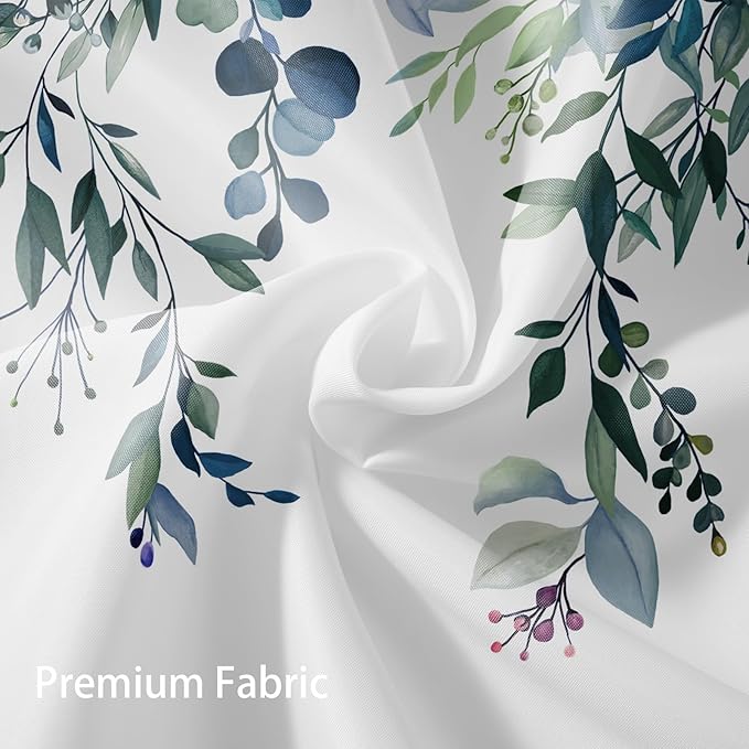 Eucalyptus Shower Curtain, Dark Blue Watercolor Leaves with Floral Botanical Bathroom Decor, Waterproof Fabric Bath Curtain Set with Hooks, 72x72 Inches