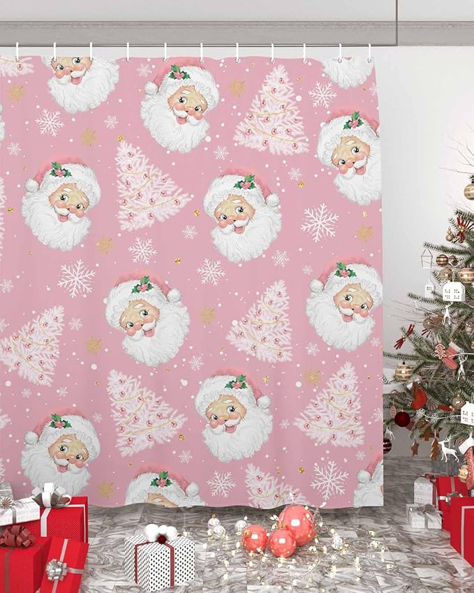 Pink Christmas Shower Curtain, Santa Claus Merry Christmas Tree Shower Curtains Set with Hooks, Winter Snowflake Waterproof Fabric Bathroom Curtains Decor Home Accessories, Stall Long 54 X 78 Inch