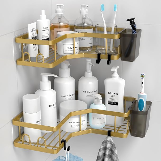 Corner Shower Caddy Organizer Shelf: 2Pack Adhesive Shower Rack, No Drilling Stainless Steel Shower Storage Shelves with Hooks&Toothpaste Holder for Bathroom Kitchen