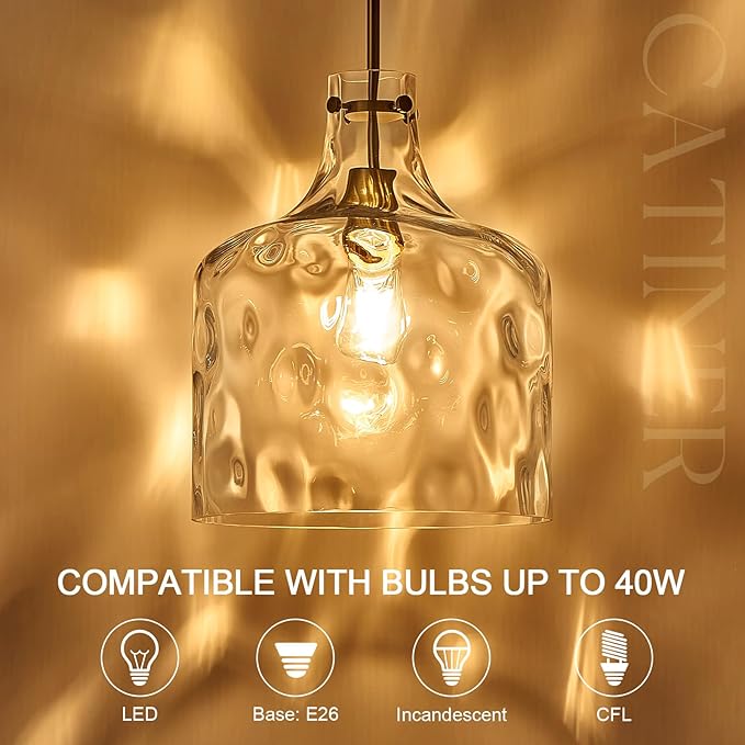 16" Extra Large Farmhouse Pendant Light – Hand-Blown Hammered Glass Shade, Gold Finish, Adjustable Chain Ceiling Light for Kitchen Island, Dining Room, Hallway