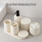 Bathroom Accessories Set, Travertine Stone-Look, 6 PCS Bathroom Accessory Set with Soap Dispenser, Toothbrush Holder, Tumbler, Vanity Tray, Cotton Swab Jars for Countertop (Off White 6 PCS)