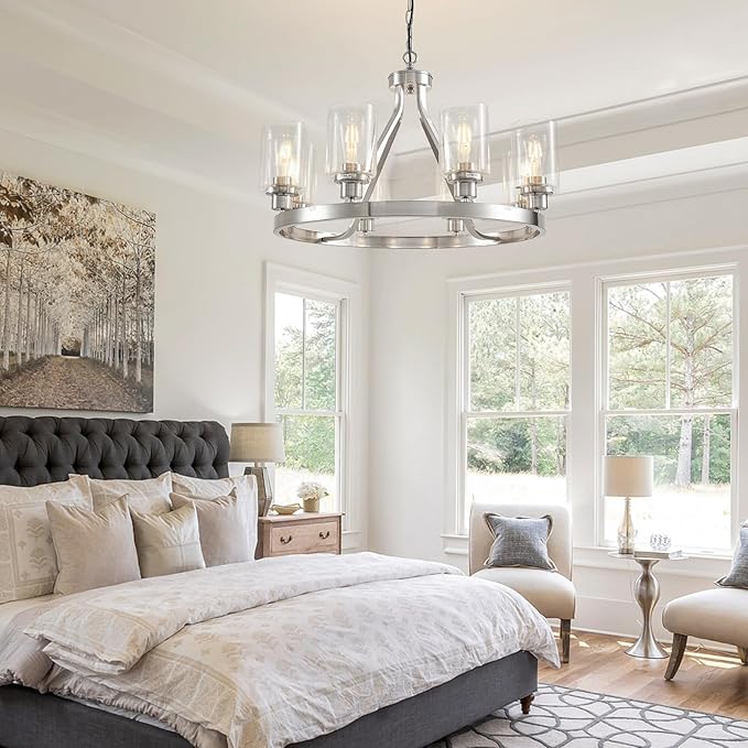 8-Light Modern Chandeliers for Dining Room Light Fixture Brushed Nickel Kitchen Chandelier Ceiling Hanging Pendant Lighting with Glass Shade for Living Room Entryway Adjustable Height E26