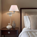 Kira Home Cambridge 15" Swing Arm Wall Lamp - Plug in/Wall Mount + White Fabric Shade, 150W 3-Way + Cord Covers, Satin Nickel Finish