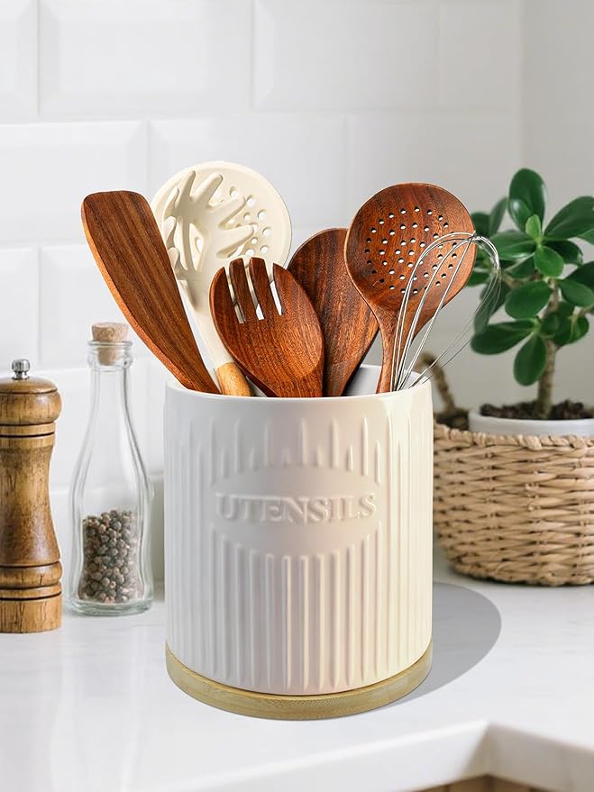 360° Rotating Utensil Holder, 7.6" Large Ceramic Kitchen Utensil Holder for Countertop with Bamboo Base, Stable Utensil Organizer, Farmhouse kitchen Decor, White