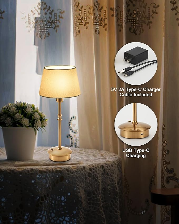 UMEXUS Small Cordless Lamp Rechargeable Table Lamps Set of 2, Dimmable Battery Operated Lights, Portable Accent Light for Side Table Restaurant Dining Outdoor, Blue Fabric Shade, Antique Brass