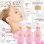 Pink Bathroom Accessories Set 17PCS Bathroom Set with Trash Can 3PCS Lotion Soap Dispenser, Toothbrush Holder, Soap Dish,Tumbler Cup,6PCS Wood Tags Bath Accessories with Tray for Kitchen Bathroom