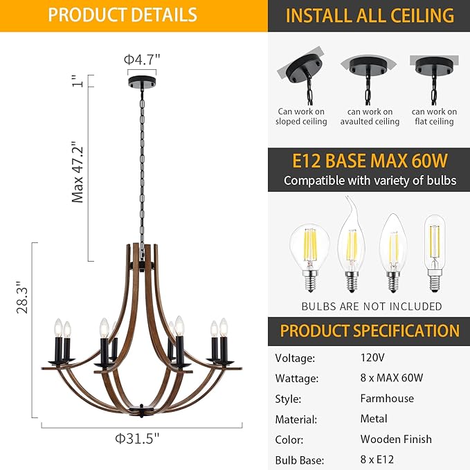 31.5" Large Wooden Chandelier 8-Lights Vintage Farmhouse Candle Style Chandeliers with Wood Finish Metal Industrial Retro Rustic Black Chandelier for Dining Room, Kitchen, Living Room, E12