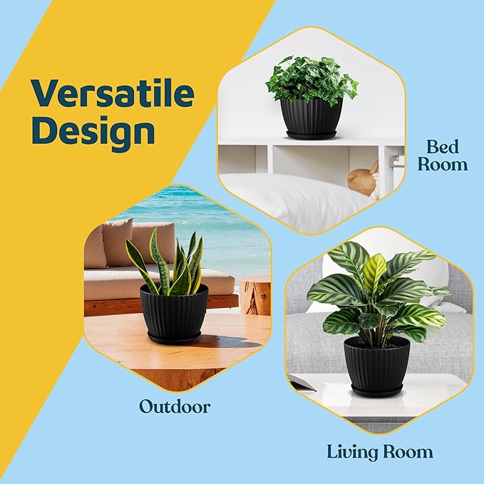 Black 6-Inch Plant Pots with Drainage & Saucers 6 Pack, Indoor & Outdoor Planters for Houseplants, Herbs, and Flowers, Durable & Weatherproof Material, Stackable, Lightweight, Minimalist Design