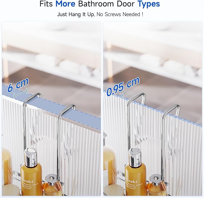 Shower Caddy Over the Door Organizer: Bath Rack Hanging Over Glass with Hooks - Storage Shelf Inside Bathroom for Shampoo - Sliver
