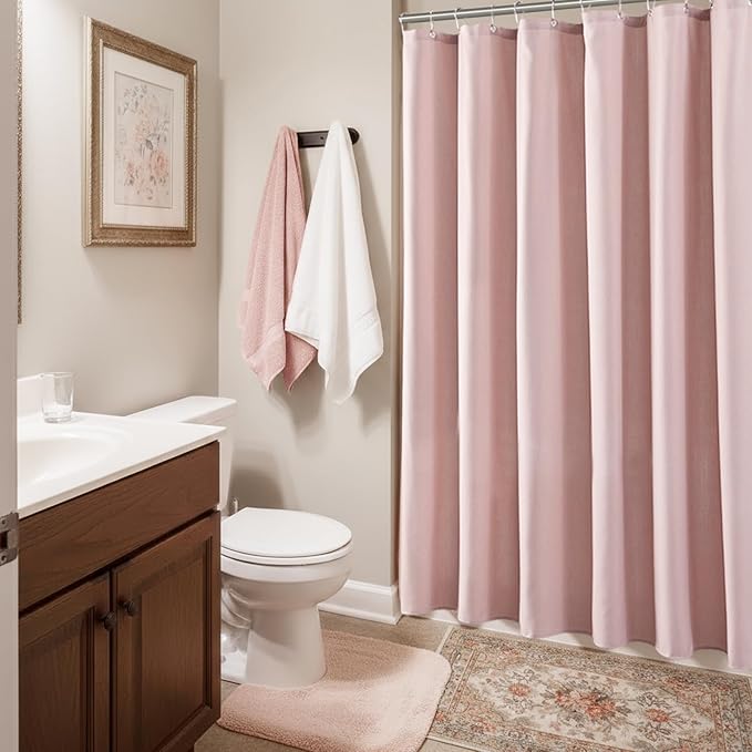 96 Inch Long Pink Linen Shower Curtain Set, Extra Long Heavy Duty Fabric Shower Curtains for Bathroom, Luxury Hotel Spa Quality Thick Cloth Shower Curtain with 12 Plastic Hooks, 72x96, Blush Pink