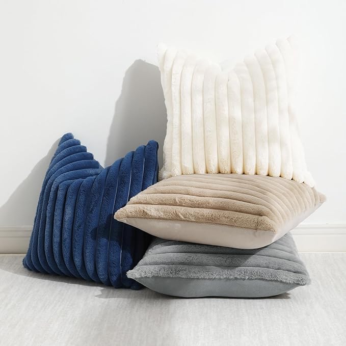 decorUhome Faux Fur Throw Pillow Covers 24x24 Set of 2, Decorative Soft Plush Striped Neutral Couch Euro Pillow Covers with Velvet Back for Sofa, Bed, Living Room Home Decor, Grey