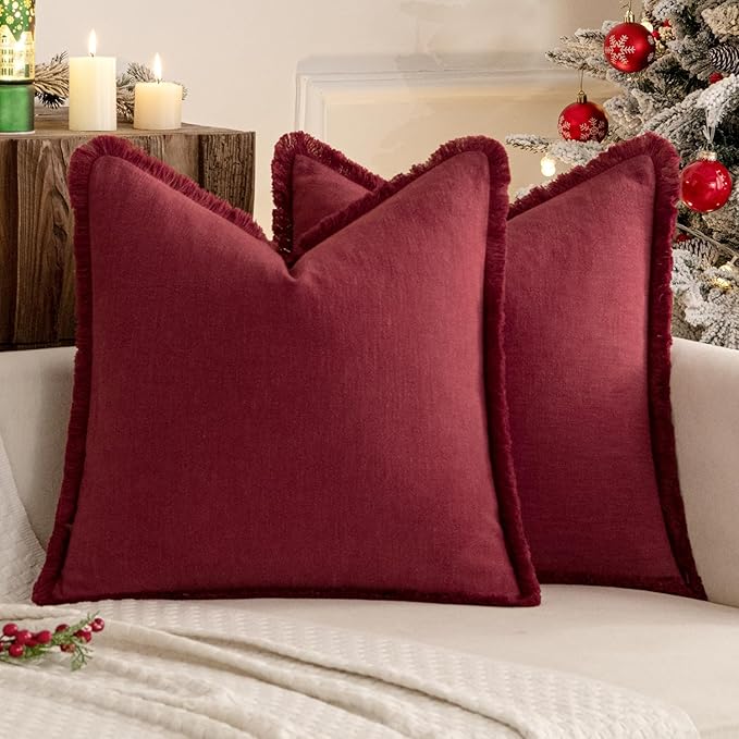 MIULEE Christmas Decorative Throw Pillow Covers Neutral Linen Fringe Throw Pillows Euro Shams Set of 2 Burgundy Boho Farmhouse Cushion Covers for Couch Sofa Bed Living Room Home Decor 24x24 Inch