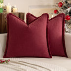 MIULEE Christmas Decorative Throw Pillow Covers Neutral Linen Fringe Throw Pillows Euro Shams Set of 2 Burgundy Boho Farmhouse Cushion Covers for Couch Sofa Bed Living Room Home Decor 24x24 Inch