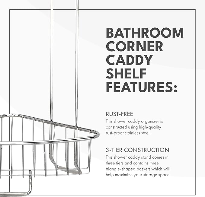 ToiletTree Products Stainless Steel Floor Shower Caddy - Corner Caddy Shelf for Bathroom and Bath Storage - Rust-Proof Caddy for Shampoo, Soap, and More
