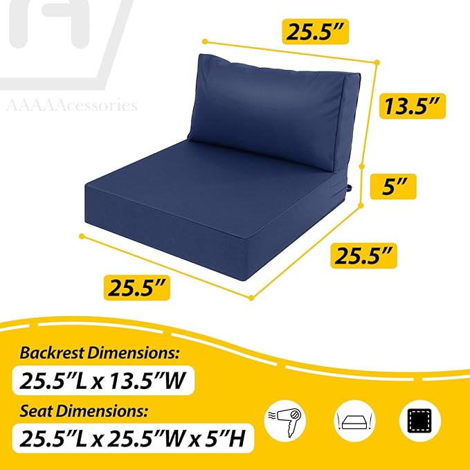 AAAAAcessories Outdoor Deep Seat Cushions, Waterproof, Fade-Resistant Patio Furniture Replacement Cushions, 25.5" x 25.5" x 5" + 25.5" x 13.5", Set of 2, Navy Blue