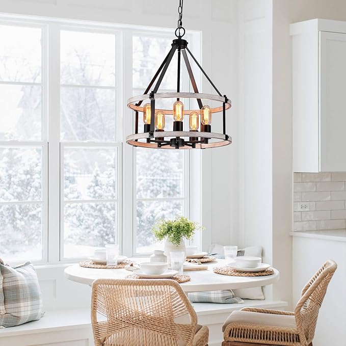 5-Light Farmhouse Chandelier, 17.7 Inch Rustic Black and Vintage Wood Finish Chandeliers for Dining Room Light Fixture, Adjustable Height Hanging Light for Kitchen Island, Entryway, Living Room