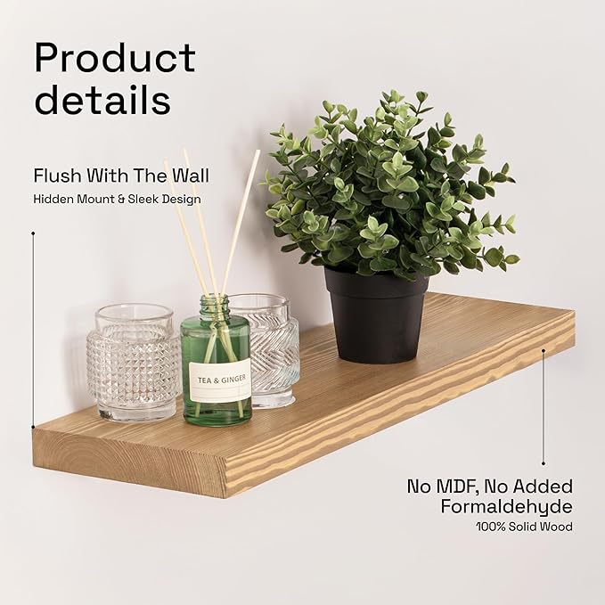BAOBAB WORKSHOP Natural Wood Floating Shelves for Wall 20 Inch Wide, Solid Wooden Shelf 20 In, Bathroom Shelves for Room Wall Mounted Kitchen Rustic Farmhouse, Oak Floating Shelf, 20W × 6.7D, Set of 2
