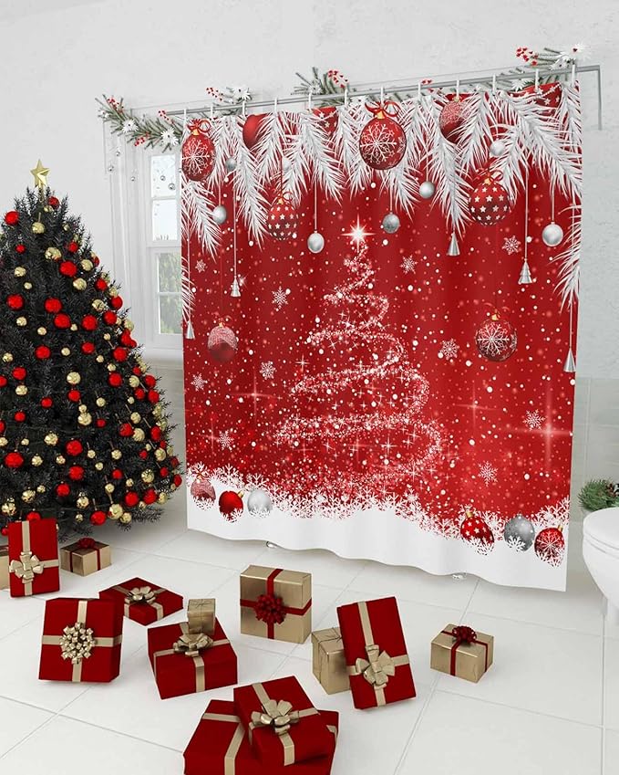 Christmas Tree Shower Curtain, Christmas Balls Shower Curtains Set with Hooks, Snowflake Silver Pine Tree Branch Red Waterproof Bathroom Curtains Holiday Decor Accessories,72x 96 Inch Extra Long