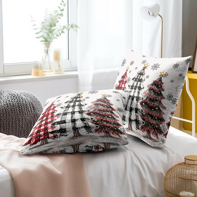 Christmas Tree Pillow Cover 18x18 Inch Set of 2,Winter Holiday Red Black Buffalo Plaid Xmas Farmhouse Decorative Cotton Pillow Cushion Case for Sofa Couch Bed Home Car