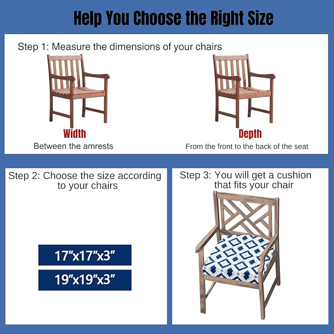 idee-home Outdoor Chair Cushions Set of 2, Thick 17" x 17" x 3" Outdoor Seat Cushions Patio Furniture Waterproof with Ties, Dining Pads