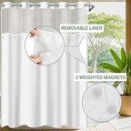 No Hook Shower Curtain with Snap in Liner and Sheer Window, Green Modern Geometric Fabric Shower Curtain Set for Bathroom Decor, 15-Second Quick Install, Abstract Irregular Ombre, 71"X86"