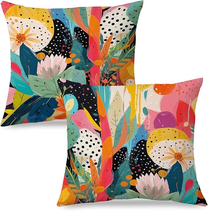 JINYO Abstract Boho Floral Pillow Covers 18x18 Set of 2, Maximalist Eclectic Plants Decorative Throw Pillow Cases, Trendy Colorful Botanical for Couch Living Room Bedroom Home Decor