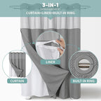 Grey No Hook Waffle Weave Shower Curtain with snap-in Liner Replacement, 230GSM Waterproof Fabric Hotel Shower Curtain Set for Bathroom, Through Mesh Top Window,71Wx77H