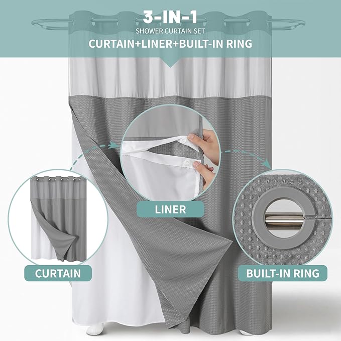Grey Extra Long No Hook Waffle Weave Shower Curtain with snap-in Liner Replacement, 230GSM Waterproof Fabric Hotel Shower Curtain Set for Bathroom, Through Mesh Top Window,71Wx86H