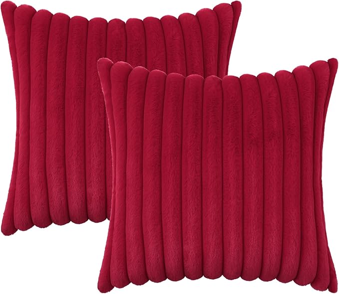 decorUhome Faux Fur Christmas Throw Pillow Covers 26x26 Set of 2, Decorative Soft Plush Striped Neutral Couch Euro Pillow Covers with Velvet Back for Sofa, Bed, Living Room Home Decor, Red