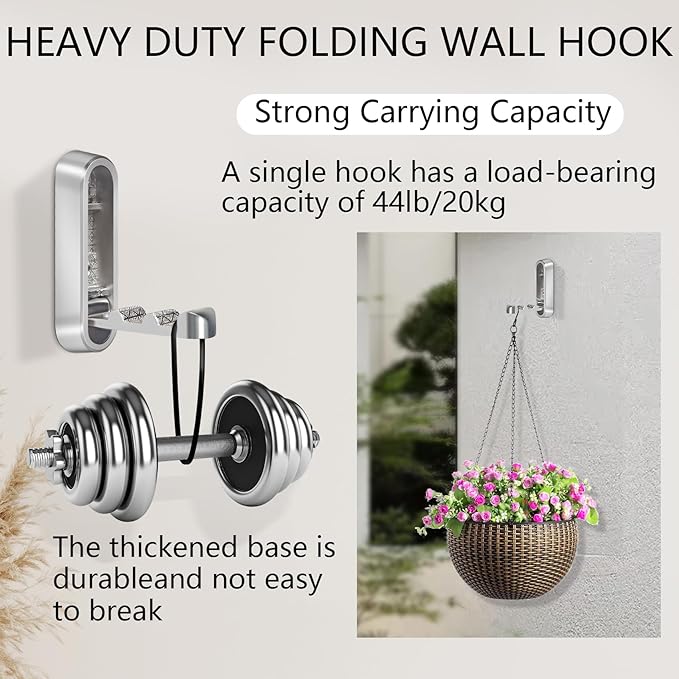 4PCS Foldable Wall Hooks, Heavy Duty Zinc Alloy Folding Wall Hooks, Folding Coat Hooks Wall Mount Bathroom Foldable Towel Hooks for Hanging Clothes, Bags, Hats, Bathrobes, Keys and Kitchen (Silver)
