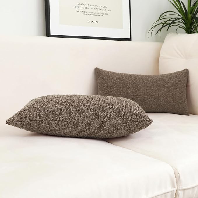 Jeneoo Light Brown Decorative Lumbar Thick Throw Pillow Covers Fine Textured Boucle Couch Cushion Case for Sofa Decor, Set of 1, 14 x 36 Inch