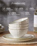 Famiware Dinnerware Sets for 8, Ocean Round 24-Piece Kitchen Plates and Bowls Sets, Microwave and Dishwasher Safe, Scratch Resistant, Vanilla White