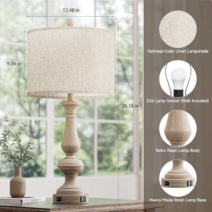 26" Farmhouse Resin Table Lamp for Bedroom Set of 2, Retro Bedside Lamps for Nightstand with USB C+A Ports, 3 Color Temperature Desk Lamp, Vintage Table Lamps for Living Room (2 Bulbs Included)
