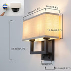 Yosoan Linen Fabric Boho Wall Sconce Bedside Light with On Off Switch, 2-Light Finished Hardwired Vintage Industrial Dual Wall Mount Lamp Lighting Square Shade for Bedroom Living Room Stairwell(Black)