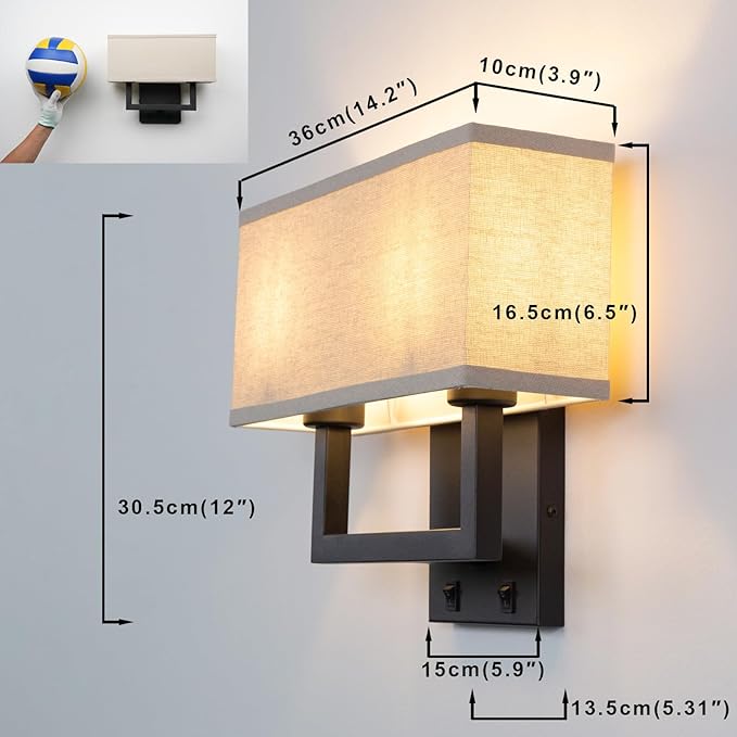 Yosoan Set of 2 Linen Fabric Boho Wall Sconce Bedside Light with On Off Switch, 2-Light Finished Hardwired Vintage Industrial Dual Wall Mount Lamp Square Shade for Bedroom Living Room Stairwell(Black)