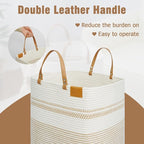 danpinera 100L Nursery Hamper, Tall Woven Laundry Basket with Long Leather Handles, Boho Laundry Hamper for Living Room & Bedroom, Eco-friendly & Convenient Decorative Storage Basket White & Jute