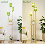HMVPL Gold Floor Lamp for Living Room, Vintage Floor Lamp with Wood Shelf, Mid Century Standing Lamp with Table, Modern Tall Lamp with Green Crystal Shade, On/Off Switch, Boho Corner Lamp for Bedroom