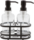 3 Piece Round Heavy Weight Glass Soap Lotion Pump Dispenser Set with Metal Caddy for Home Bath Kitchen Travel Office Hand Crafted Metal Tray Oil Rubbed Bronze