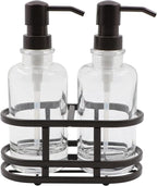 3 Piece Round Heavy Weight Glass Soap Lotion Pump Dispenser Set with Metal Caddy for Home Bath Kitchen Travel Office Hand Crafted Metal Tray Oil Rubbed Bronze