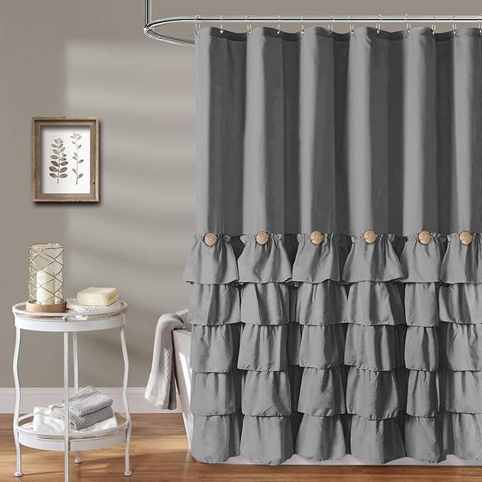 Seasonwood Grey Ruffle Button Shower Curtain Farmhouse Shower Curtain 72 X 78 inch Fabric Shower Curtains for Bathroom Bathtubs Decor