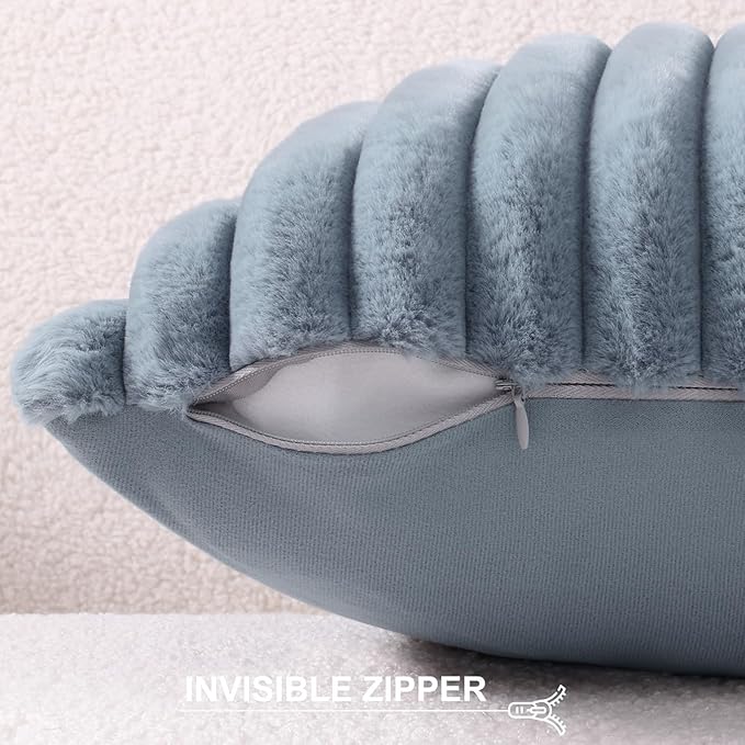 Pallene Faux Fur Plush Throw Pillow Covers 24x24 Set of 2, Luxury Soft Fluffy Striped Decorative Pillow Covers for Sofa, Couch, Living Room, Blue Grey