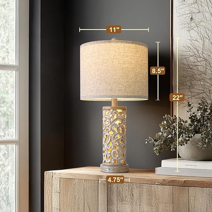 22" Farmhouse Table Lamp,Dual Light Touch Lamp with 3-Level Dimming,Lamps for Bedroom with USB A+C Charging Ports,Lamps for Living Room