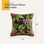 Outdoor Decorative Pillows Pack of 4, 18" x 18" Outdoor Pillow Set for Couch Bed Throw Patio Sofa, Red Flower Green Leaf
