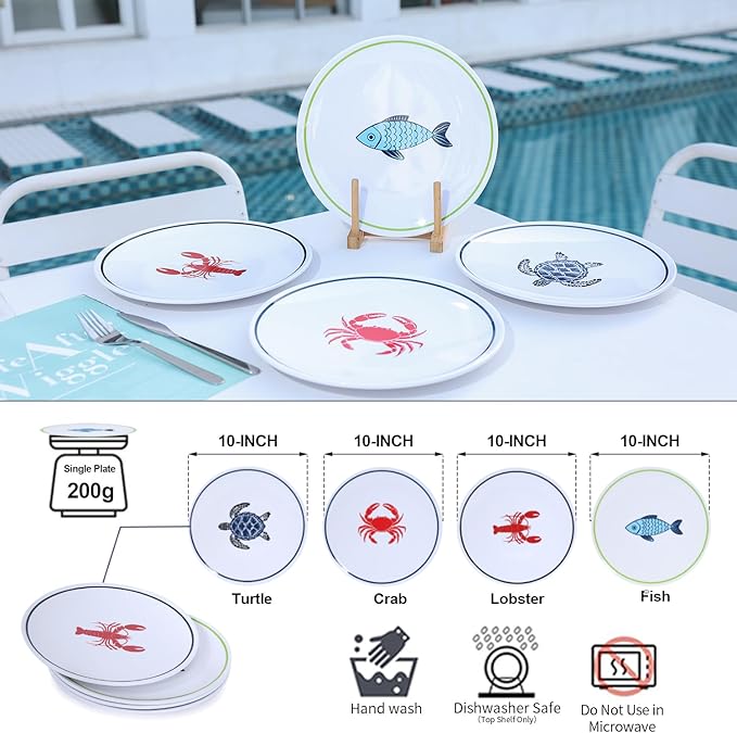10-Inch Melamine Plates Set of 4 – Serving Dinnerware for Indoor/Outdoor Use, Ocean-Themed Design with Turtle, Crab, Lobster & Fish Patterns, Durable Dishwasher-Safe Plates‌,Sea Life