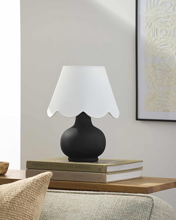 BoutiqueRugs Navarro Boho Ceramic Bedside Table Lamp for Bedroom Nightstand and Living Room - Shade Cotton - Black, White - 13" H