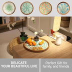 11.8 inch Round Rattan Serving Tray with Mother of Pearl Inlay Wicker Platter Coffee Tray for Coffee Table Decor Coastal Boho Kitchen Storage Display Decorative Basket Food Tray Handmade Wall Decor